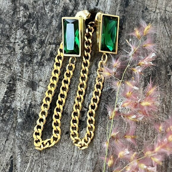 Gold Plated Tassel Emerald Green Earrings Stainless Steel Chain womens jewelry - Picture 3 of 11